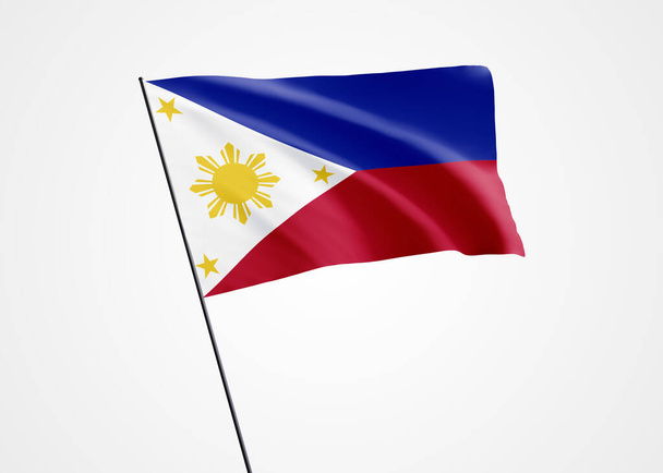 Filippiinit lippu korkealla valkoisella taustalla. 12. kesäkuuta - Filippiinien itsenäisyyspäivä - Maailman kansallislippu. Kansallislippu 3D-kuva - Valokuva, kuva