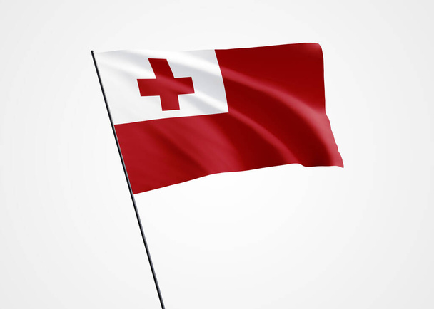 Bandera de Tonga ondeando alto en el fondo blanco aislado. Junio 04 Día de la Independencia de Tonga Colección mundial de banderas nacionales. Bandera de la nación Ilustración 3D - Foto, imagen