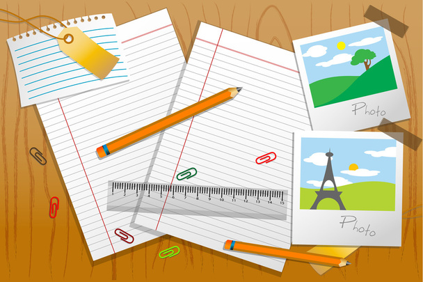 Photo with stationary and paper on table - Vector, Imagen