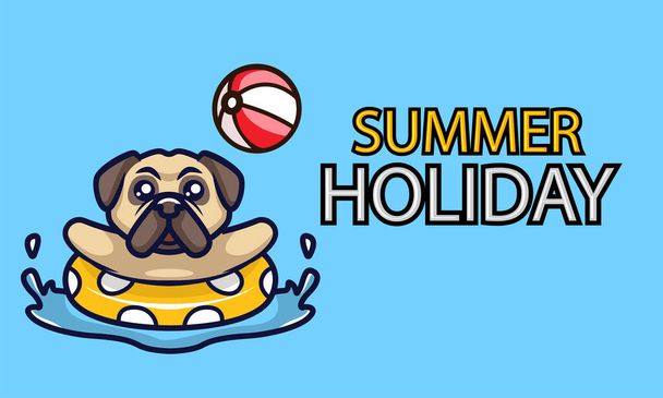 Cute pug with ball summer holiday banner - Vecteur, image