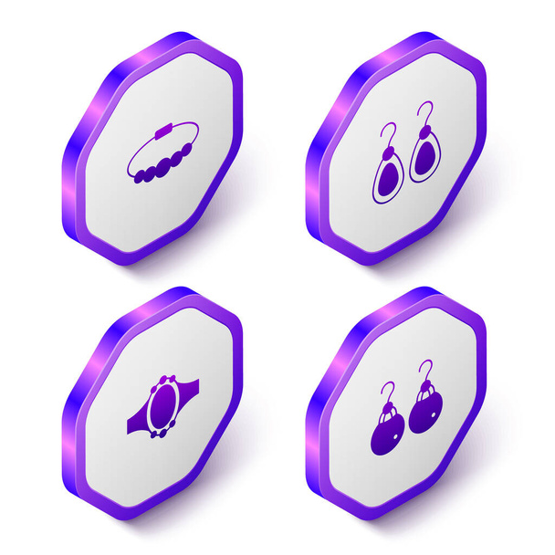 Set de joyas pulsera isométrica, pendientes, compromiso con el diamante y el icono. Botón hexágono púrpura. Vector - Vector, imagen