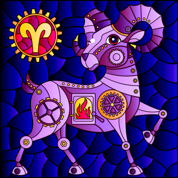 Illustration im Stil eines Buntglasfensters mit einer Illustration des Dampfpunk-Zeichens des Horoskops aries, Ton blau - Vektor, Bild