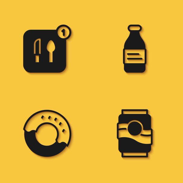 Набор еды заказ, банка соды, пончик и бутылка воды икона с длинной тенью. Вектор - Вектор,изображение