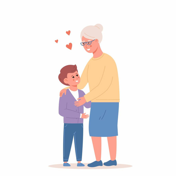 Счастливый маленький мальчик обнимает улыбающуюся бабушку векторную плоскую иллюстрацию. Радостные родственники наслаждаются встречей, имея положительные эмоции изолированы. Милая семья проводит время вместе - Вектор,изображение