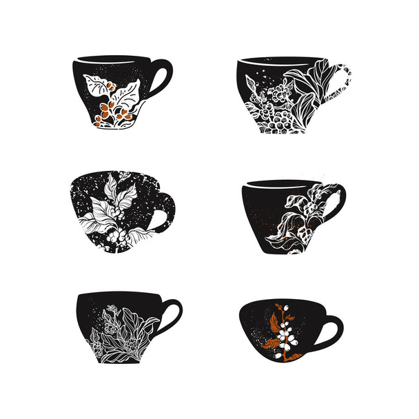 Set de tazas de café. Planta tropical aromática, frijol. Vector silueta negra sobre fondo blanco. Esquema textura vintage ilustración para el menú - Vector, imagen