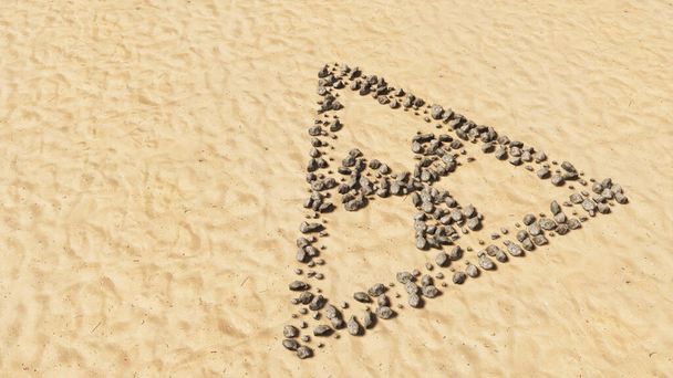 Concetto pietre concettuali sulla spiaggia sabbia forma simbolo fatto a mano, sfondo di sabbia dorata, icona pericolo nucleare. Metafora illustrazione 3d per avvertimento, potenza atomica, energia ionizzante, radiazioni, distruzione - Foto, immagini