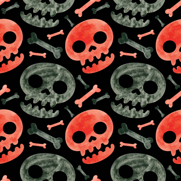 Halloween nahtlose Muster mit roten und schwarzen Totenköpfen und Knochen. Gespenstisches digitales Scrapbooking-Papier auf schwarzem Hintergrund. - Foto, Bild