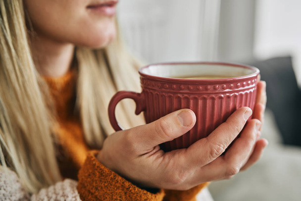 Unrecognizable woman holding a cup of hot tea - Photo, image