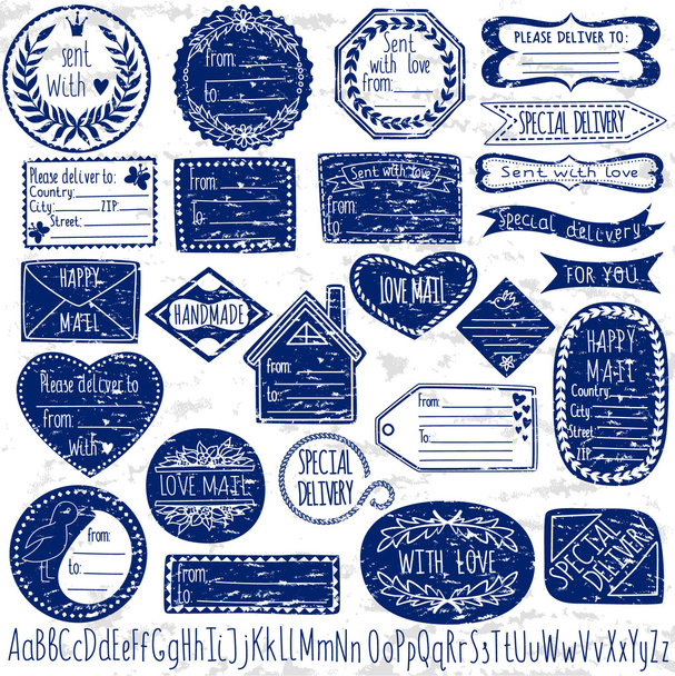 Set of handmade grungy stamps for mail, postage, delivery, address with handdrawn font. Vector illustration. - Vektor, obrázek
