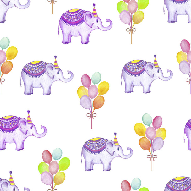 Indian elephant, balloons, sun pattern cartoon. Illustration for printing, backgrounds, wallpapers, packaging, greeting cards, posters, stickers, textile and seasonal design. Isolated on white. - Foto, Imagem