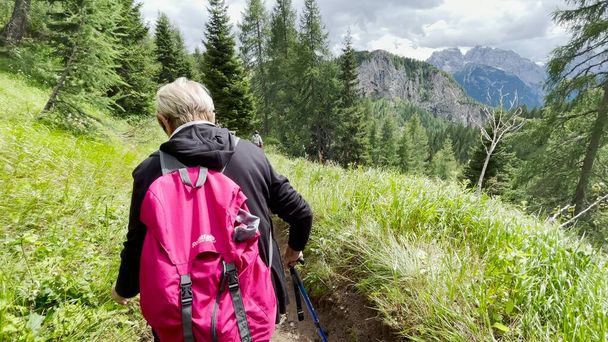 Vue arrière d'une femme lors d'un voyage en montagne le long des Alpes italiennes, saison estivale. - Photo, image
