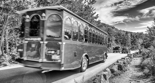 Autobús viejo que cruza el Parque Nacional Acadia en otoño, Maine - Foto, imagen