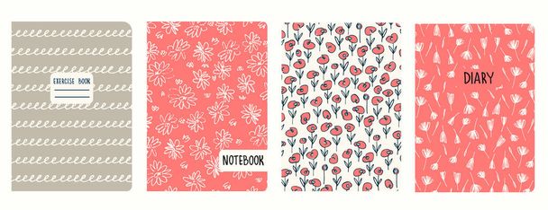 Cover page templates based on seamless patterns with flowers in Ditzy style, spiral lines. Headers isolated, replaceable - Vector, Image