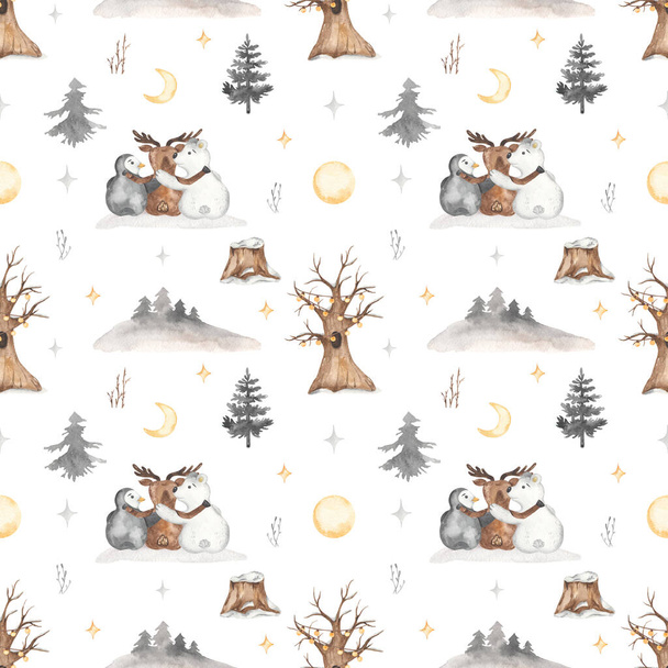 Arctische dieren herten, beer, pinguïn, winterbos, dennenbomen, boom op witte achtergrond Aquarel naadloos kerstpatroon - Foto, afbeelding
