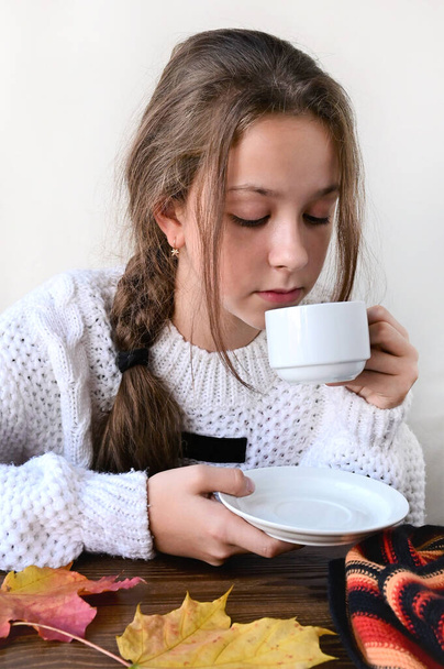 pretty girl in knitted white sweater is drinking tea from white cup, warming herself, next to warm scarf and autumn leaves. Concept of comfort and relaxation - Φωτογραφία, εικόνα