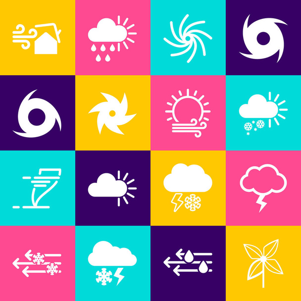 Conjunto de tormenta de molinete Nublado con nieve Tornado remolino e icono del viento y el sol. Vector. - Vector, Imagen
