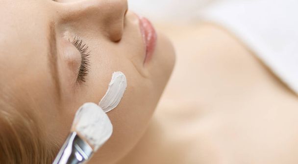 Spa facial mask application. Spa beauty organic facial mask application at day spa salon - Fotó, kép