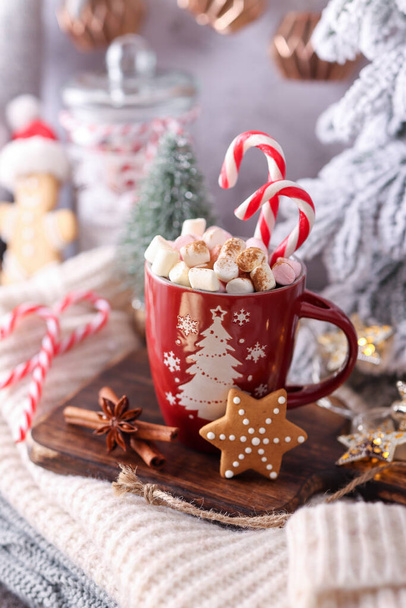 Cozy winter composition with a cup and Hot chocolate with marshmallow. - Фото, изображение