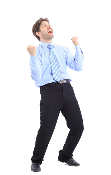 One very happy energetic businessman with his arms raised - Foto, Imagen