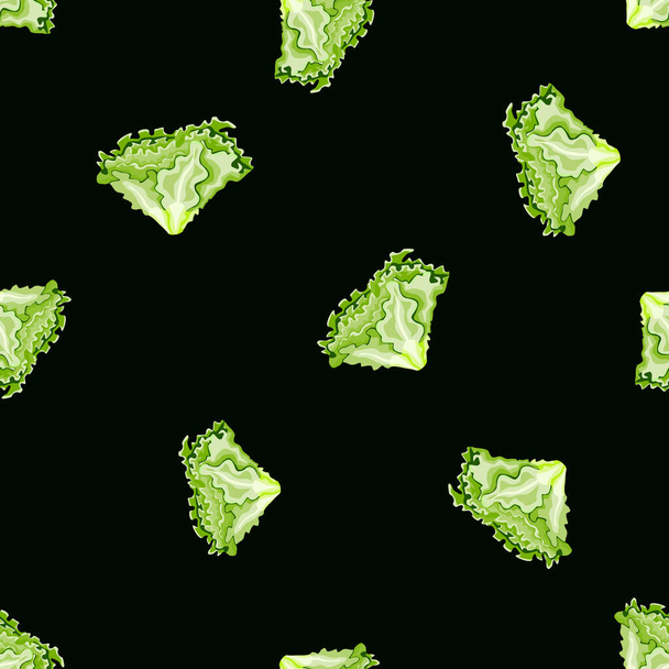 Seamless pattern Batavia salad on black background. Modern ornament with lettuce. Random plant template for fabric. Design vector illustration. - Vector, imagen