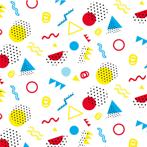 Memphis pattern 80's-90's styles on white background. Trendy memphis style. Colorful geometric pattern different shapes color style. Cover template design,abstract pattern, hipster fashion. - Vettoriali, immagini