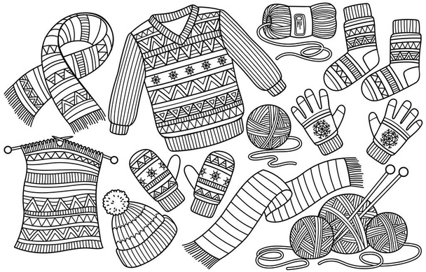 Livre de coloriage des vêtements d'hiver. Chapeau et écharpe tricotés, chaussettes, gants, pull de Noël isolé sur fond blanc dans le style doodle - Vecteur, image