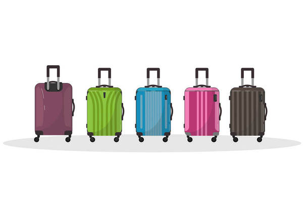 Σετ από μεγάλες ταξιδιωτικές πλαστικές βαλίτσες. Τσάντα με ρόδες για επαγγελματικό ταξίδι, καλοκαιρινές διακοπές, ταξίδια. Σε πρώτο πλάνο. Πολυανθρακική βαλίτσα με ρόδες που απομονώνονται σε λευκό χρώμα. Ταξιδιώτης. - Διάνυσμα, εικόνα