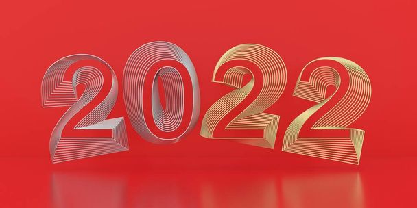 2022 Boldog új évet, számjegyek ezüst arany drót kék háttérrel. Ünnepi terv üdvözlőlap, meghívó, naptár, 3D illusztráció - Fotó, kép