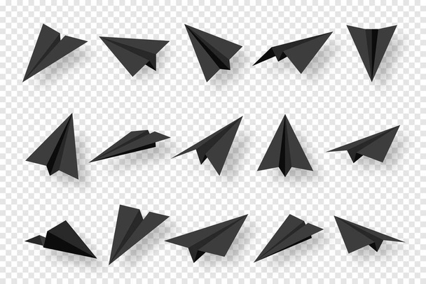 Avions réalistes en papier noir faits à la main isolés sur fond transparent. Avion Origami de style plat. Illustration vectorielle. - Vecteur, image