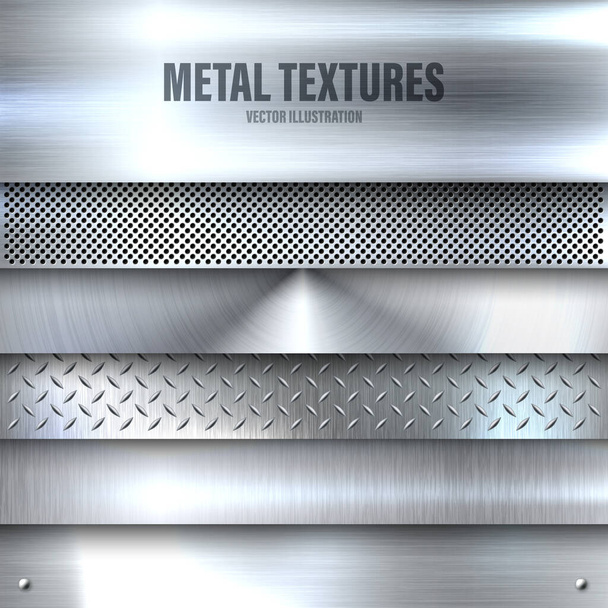 Realistic brushed metal textures set. Polished stainless steel background. Vector illustration. - Vector, Image