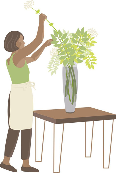 florist girl puts flowers in a vase on a transparent background - Vector, Image