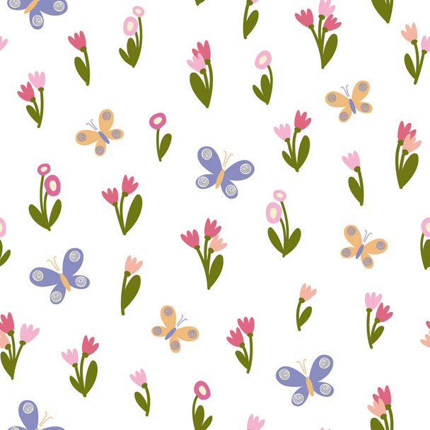 Seamless pattern with butterflies and tulips in cartoon style on a white background. - Vektör, Görsel
