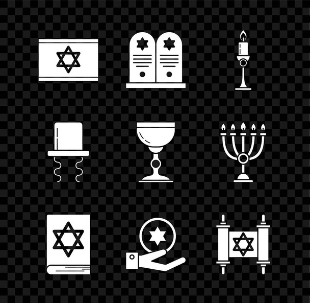 Σετ Σημαία του Ισραήλ, Tombstone με αστέρι David, Καμένο κερί στο κηροπήγιο, Εβραϊκό βιβλίο torah, χέρι νόμισμα, Torah scroll, Ορθόδοξη εβραϊκή καπέλο στο περιθώριο και εικονίδιο κύπελλο. Διάνυσμα - Διάνυσμα, εικόνα