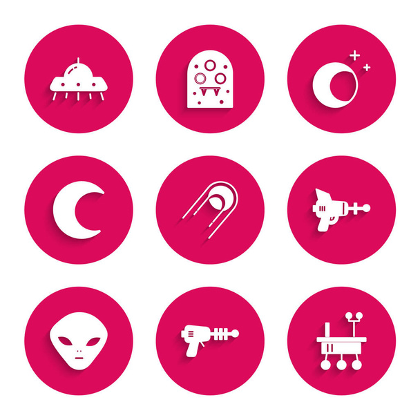 Set Satellite, Ray pistola, Mars rover, Alien, Luna e stelle, e l'icona dell'astronave volante UFO. Vettore - Vettoriali, immagini