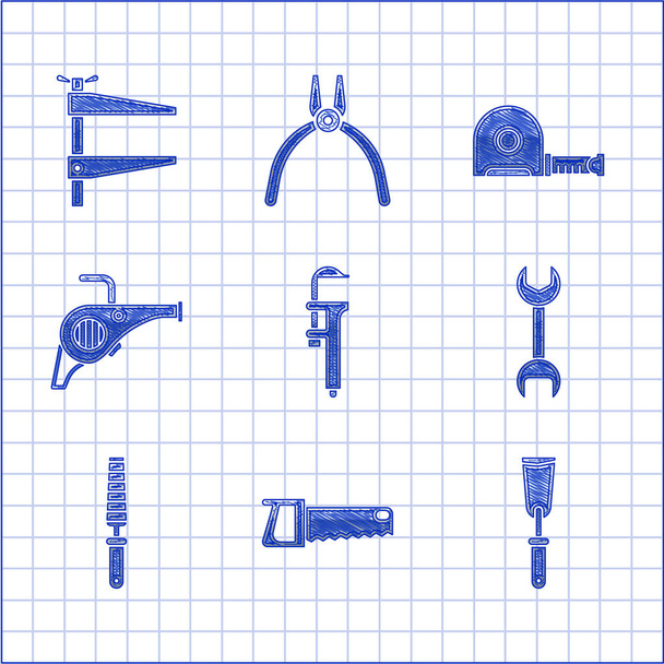 Calliper, kalibre ve ölçek, el testeresi, macun bıçağı, anahtarlık, tahta keski aleti, yapraklı bahçe üfleyicisi, rulet inşaatı ve klemp ikonu. Vektör - Vektör, Görsel