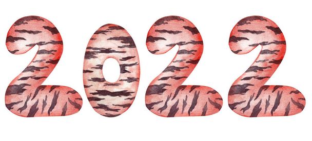 Watercolor inscription 2022 on a white background. numbers 2022 in the style of the year of the tiger. The symbol of the new year. Watercolor illustrations for postcard, banner, decor, design, art - Foto, afbeelding