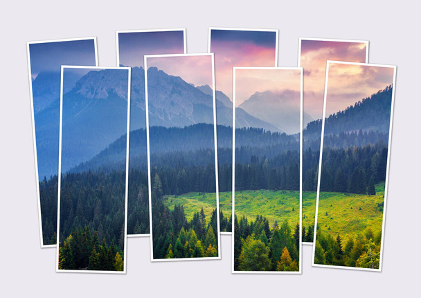 Isolierte Collage aus acht Einzelbildern des Sonnenaufgangs in den Bergen von Cresta di Enghe. Fantastische Morgenszene eines nebligen Sommermorgens in den Dolomiten, Italien. Mock-up eines modularen Fotos - Foto, Bild