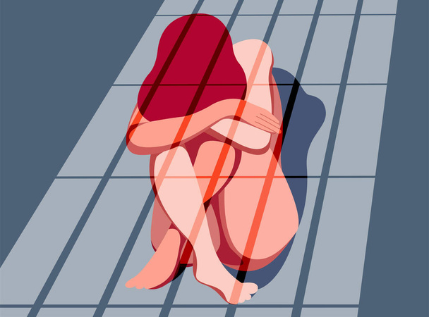 ilustracja wektorowa na temat porwań i handlu ludźmi, przemocy wobec kobiet. Kobieta siedząca na podłodze więzienia za kratkami. przydatne dla organizacji zwalczających przestępczość - Wektor, obraz