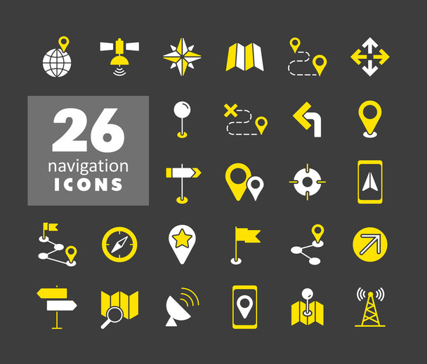 Mappe, posizione, icone vettoriali di navigazione impostate su sfondo scuro. Simbolo grafico per viaggi e turismo sito web e apps design, logo, app, UI - Vettoriali, immagini
