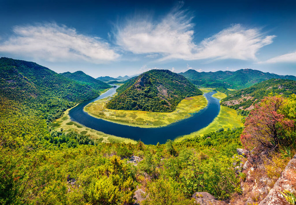 Spectacular summer view of Canyon of Rijeka Crnojevica river, Skadar lake lacation. Splendid morning scene of Montenegro countryside. Beauty of nature concept background - Photo, Image