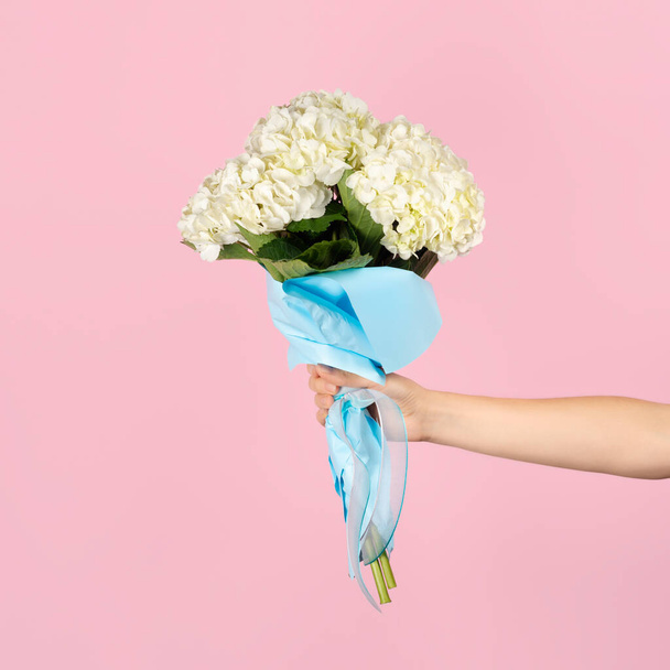 Hand holds a bouquet of beautiful tender white hydrangea on light pink background. Flowers as gift for teacher or mother day, international womens day or Valentines day - Photo, Image