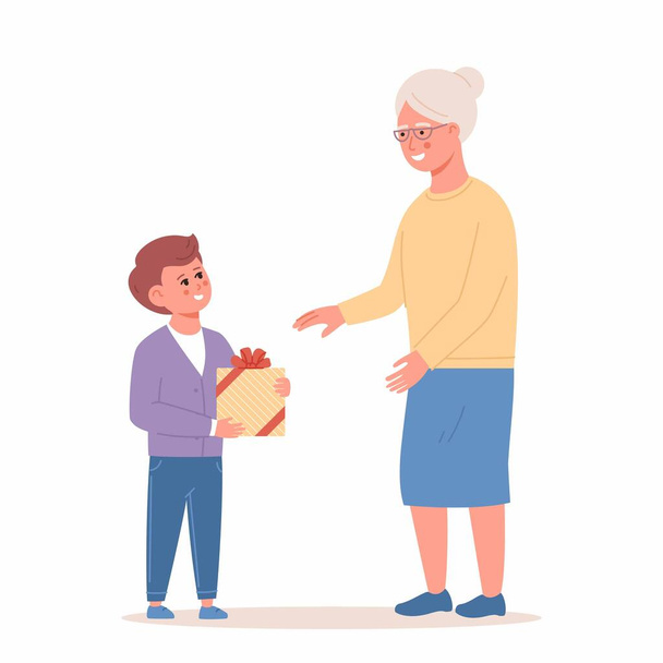 Little boy giving a present to grandma. Grandson and grandmother spending time together. Act of kindness to an elderly woman. Female and child isolated cartoon characters. Vector illustration. Grandson greeting granny with birthday - Vector, Image