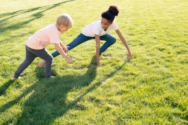 Children - a boy and a girl of different ages play together on a green lawn on a sunny day. Friendship, vacation, childhood concept. - Photo, Image
