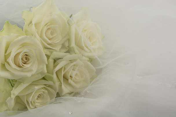 Ślub biały welon ślubny i biały kwiat róży bukiet  - Zdjęcie, obraz