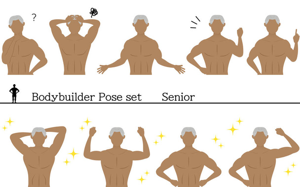 Bodybuilder senior male posing, questioning, worrying, gut posing, pointing, etc. - Vector, Image