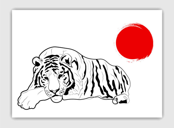 Tigre cinese bugiarda con sole rosso. Cartolina in stile Outline. Illustrazione stilizzata vettoriale bianco e nero.  - Vettoriali, immagini