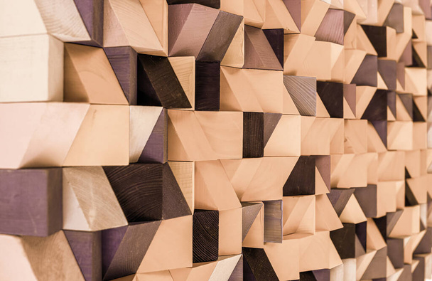 Natural color wood block wall cubic texture background - Photo, Image