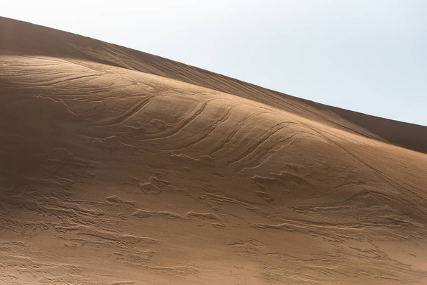 the formation of sands in dasht e lut or sahara desert with waved sand pattern on sand dune. Nature and landscapes of desert. Middle East desert - Photo, Image