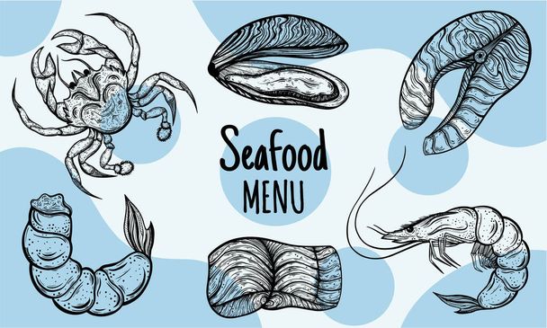 Seafood vector set. Hand-drawn doodles. Sketches of crab, salmon pieces, shrimps, oysters. Marine animals engraving. Monochrome concept for decoration, design of restaurants, cafes, markets. - Vector, Image