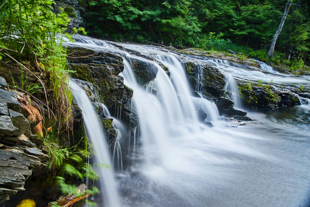 Boční pohled zblízka vodopádů prořezávajících skalní body v lese - Fotografie, Obrázek